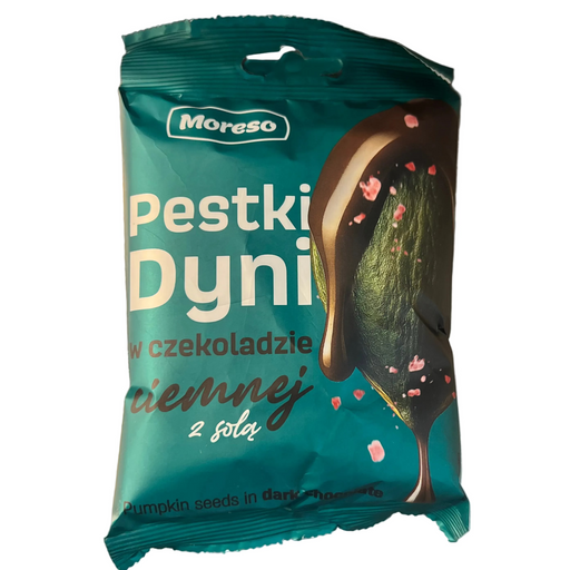 Teal package of Moreso Pestki Dyni on a metallic surface