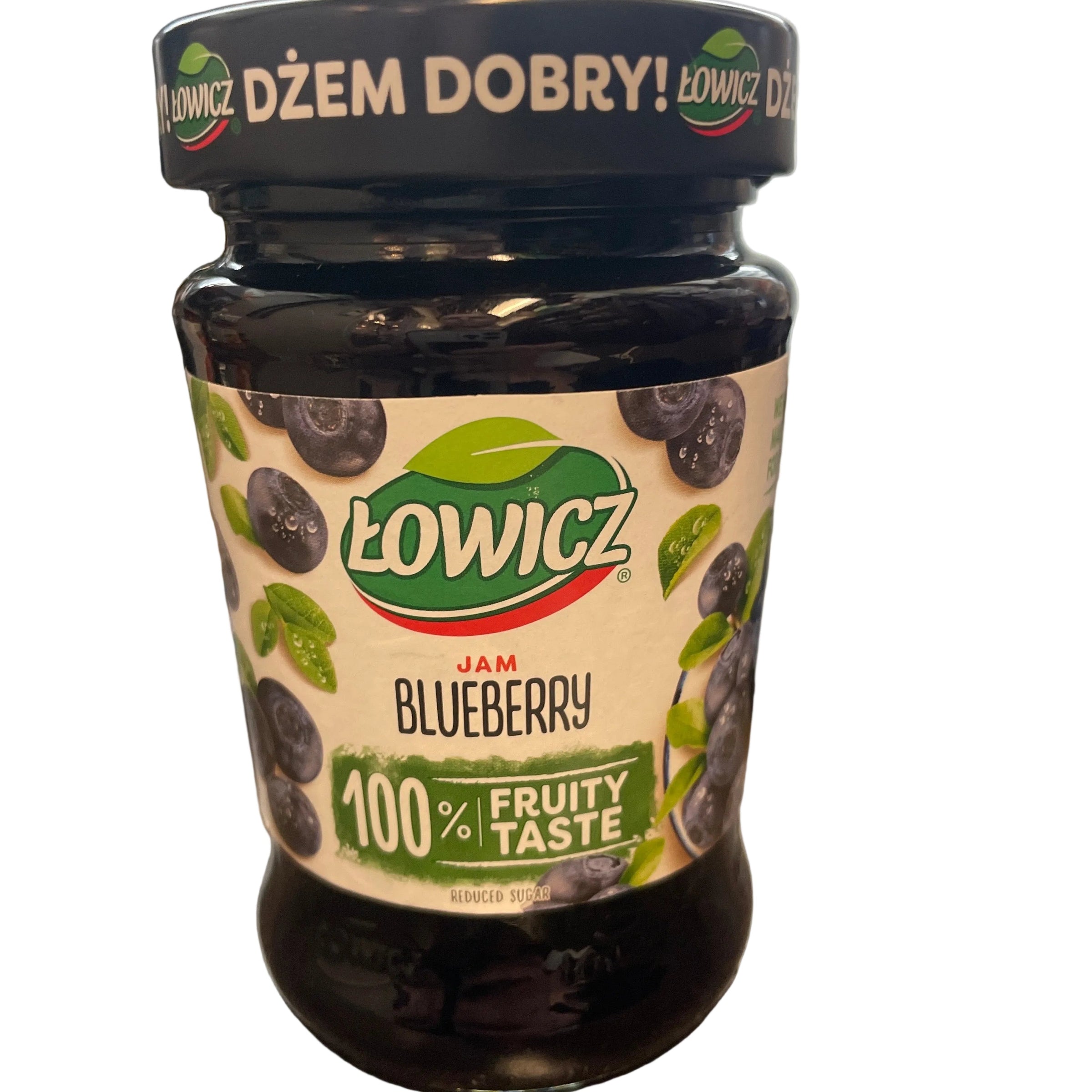 Jar of Lowicz blueberry jam with a black lid on a reflective surface