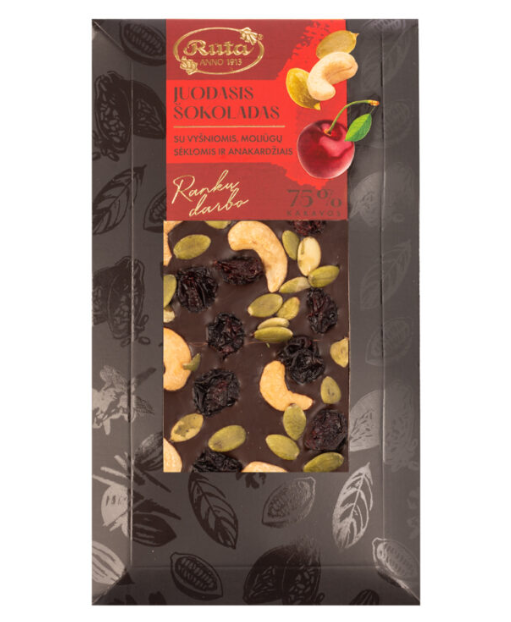 Dark chocolate (75 %) with cherries, pumpkin seeds and cashews, 100 g