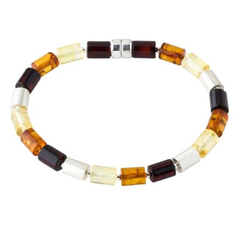 Delicate silver bracelet with amber rolls in three colors
