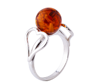 Double heart 925 silver ring with a cognac Baltic amber ball