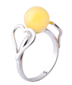 Double heart 925 silver ring with a milk Baltic amber ball