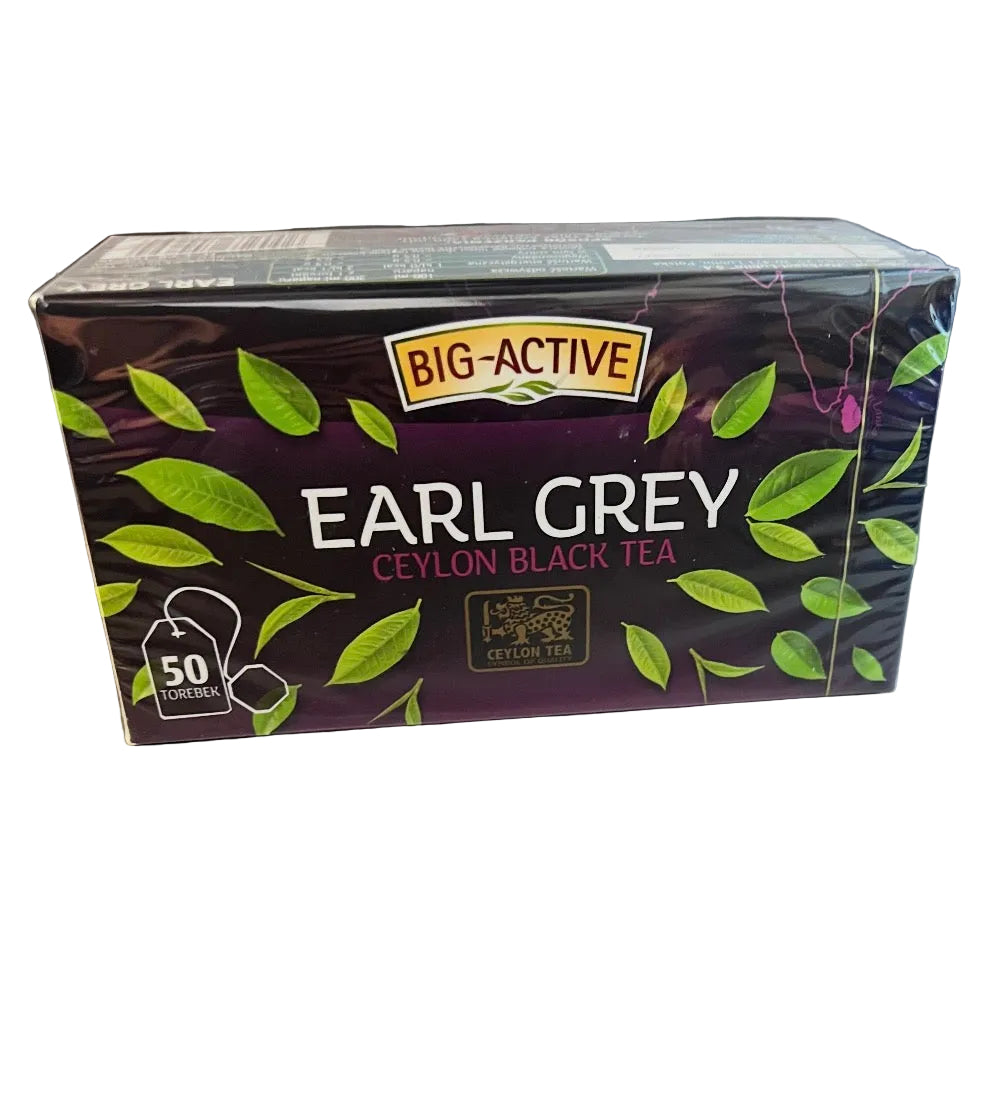 Box of Big-Active Earl Grey Ceylon Black Tea on a metallic surface