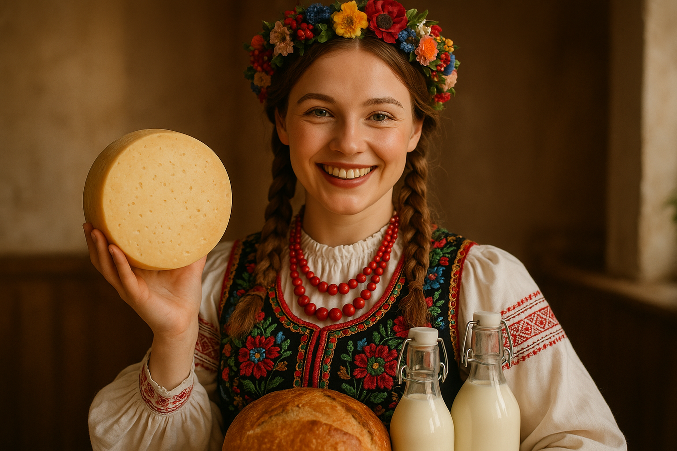 European girl holding cheese bread milk 