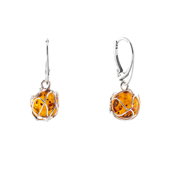 Exotic hanging 925 silver earrings with cognac Baltic amber ball 10 mm