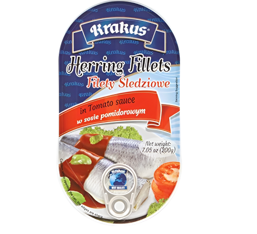FILETY SLEDZIOWE W SOSIE POMIDOROWYM, HERRING FILLETS IN TOMATO SAUCE, KRAKUS,7.05 OZ