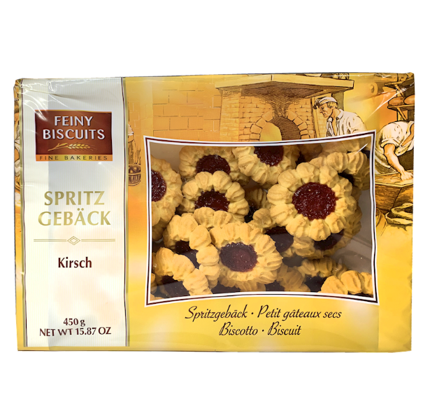 Packaging of Feiny Biscuits Spritzgebäck with a picture of cookies on a white background