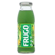 A 250ml glass bottle of Frugo Green Fruit Juice with a green label and visible fruit pieces.