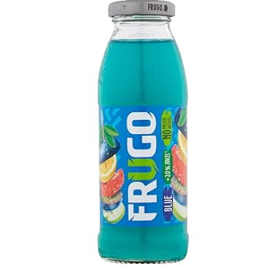 Blue bottle of FRUGO juice with a white label on a white background