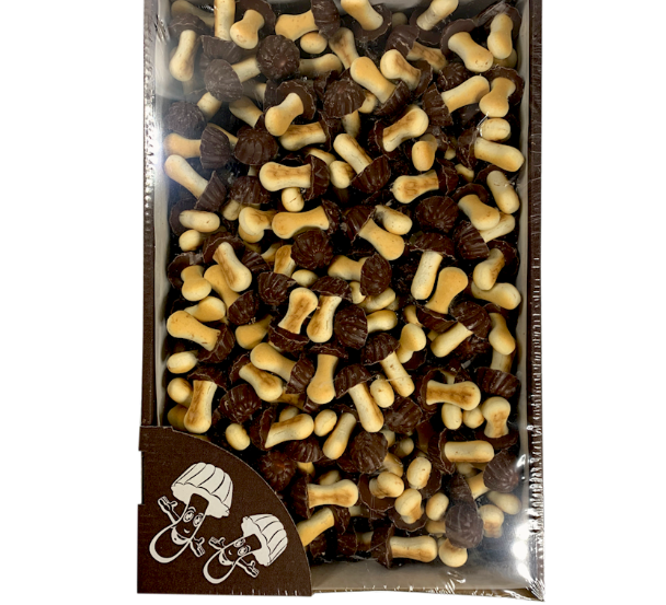 Box of brown and white dog treats with a visible brand logo.