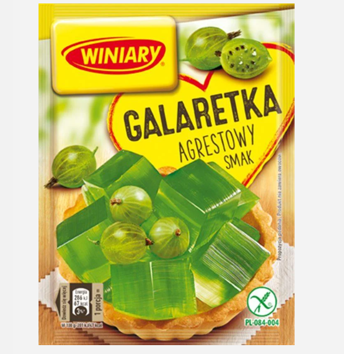 Packaging of Winiary Galaretka with green jelly and gooseberries on a white background