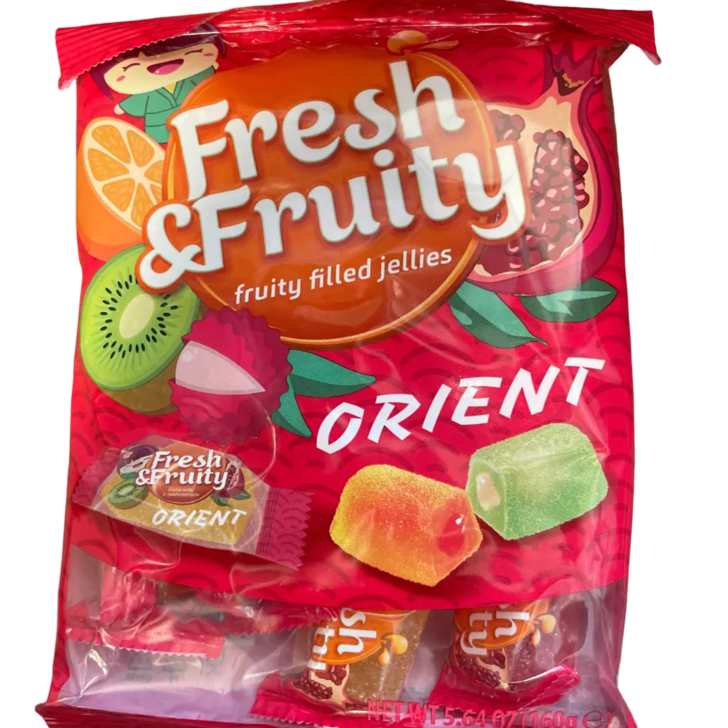 Red package of 'Fresh Fruity Orient' jelly candies on a wooden surface