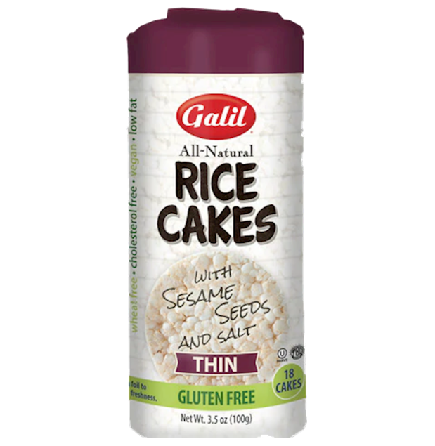 Container of Galil All-Natural Rice Cakes with Sesame Seeds and Salt on a white background