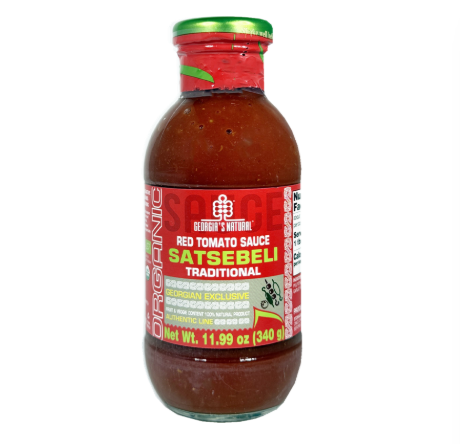 Bottle of Satsebeli Red Tomato Sauce on a white background