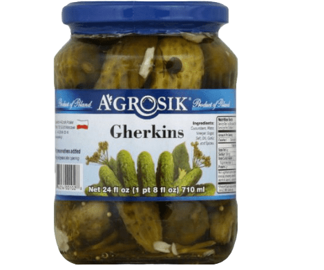 Jar of Agrosik gherkins with a blue lid on a white background