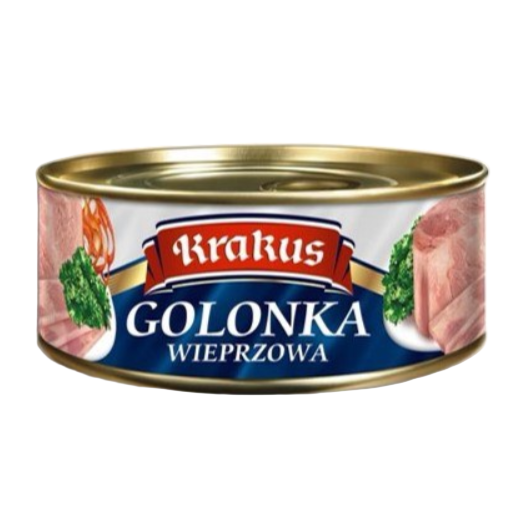 Can of Krakus Golonka Wieprzowa on a white background