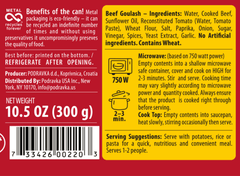 Label of a beef goulash can with ingredients, cooking instructions, and nutritional information.