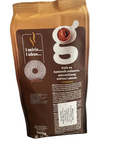 Brown coffee packaging with visible text and branding on a light gray background