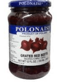 A jar of Polonaise grated red beets, with product information and branding visible on the label.