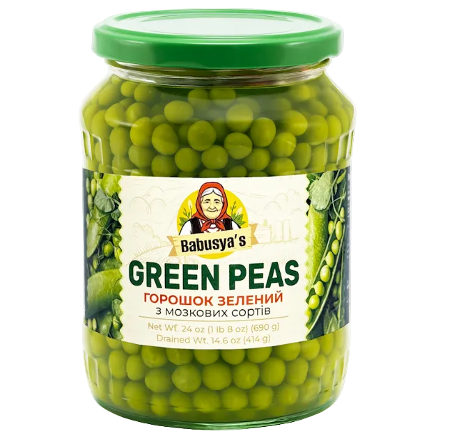 Jar of green peas with a label on a white background