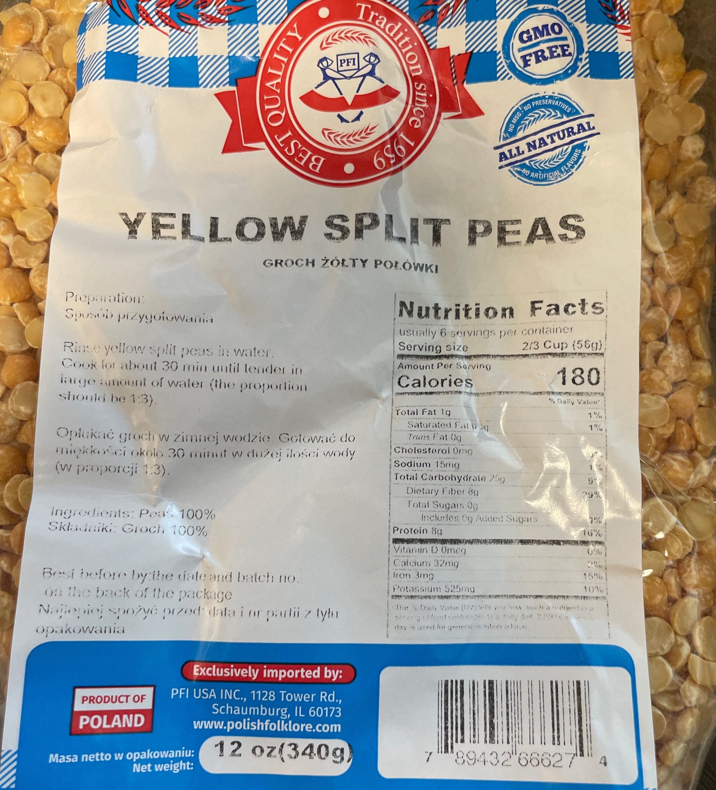 A clear plastic bag filled with yellow split peas, featuring a white, blue, and red label that reads 'Yellow Split Peas' and shows the brand 'Grain People Foods'.