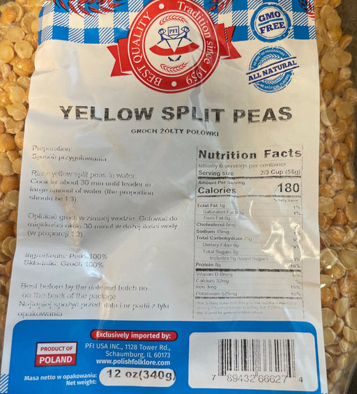 A clear plastic bag filled with yellow split peas, featuring a white, blue, and red label that reads 'Yellow Split Peas' and shows the brand 'Grain People Foods'.