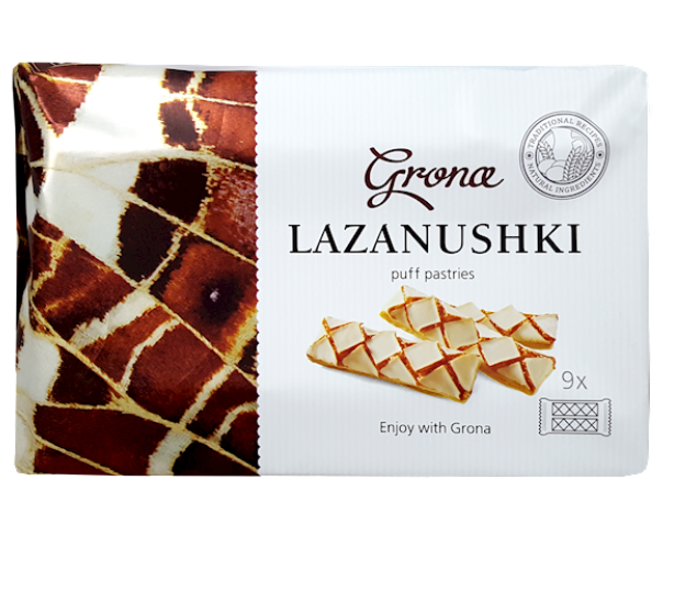 Packaging of Grona Lazanushki puff pastries with a visible brand logo.