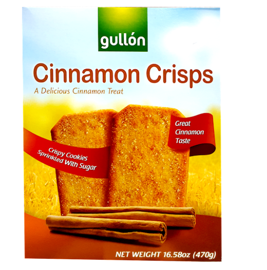 Box of Gullon Cinnamon Crisps with a picture of cookies and cinnamon sticks on a white background.