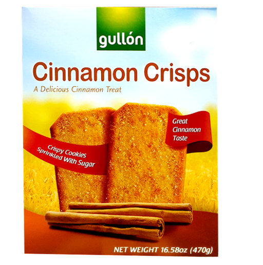 Box of Gullon Cinnamon Crisps with a picture of cookies and cinnamon sticks on a white background.