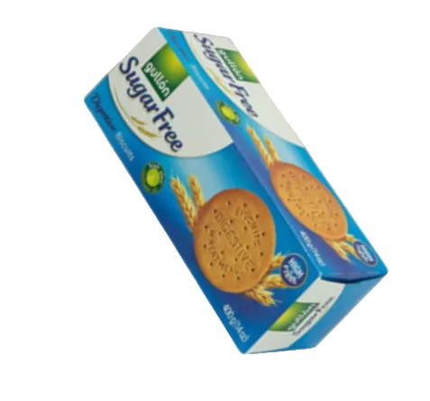 Box of sugar-free cookies with a brand logo on a plain background
