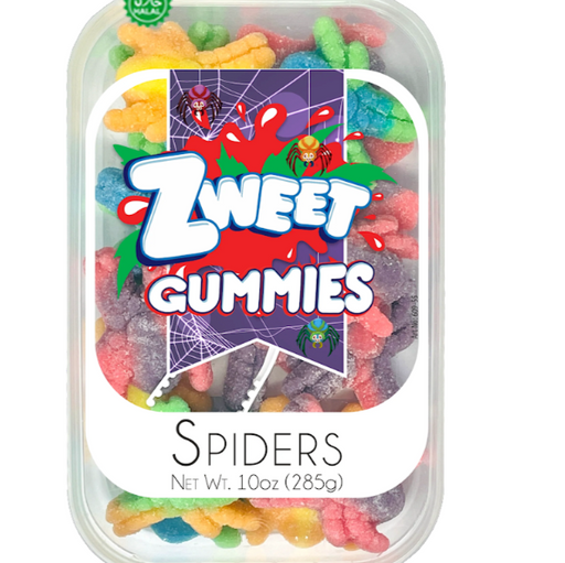 Container of Zweet Gummies Spiders with colorful packaging on a white background