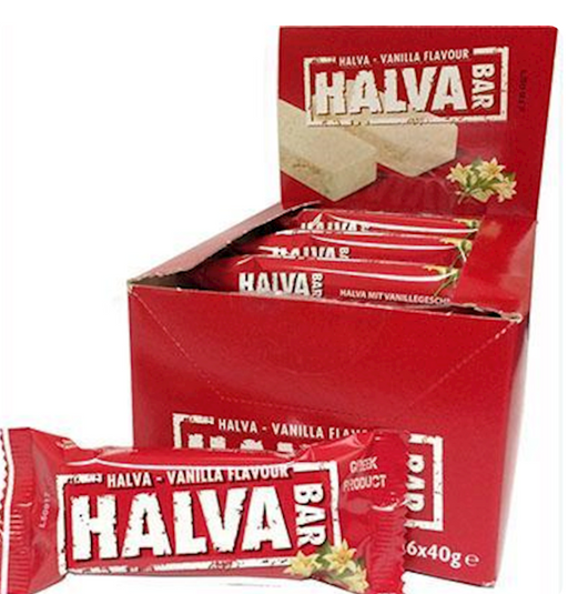 A red display box and individual wrapper of HALVA Bar vanilla flavour snack bars on a white background.