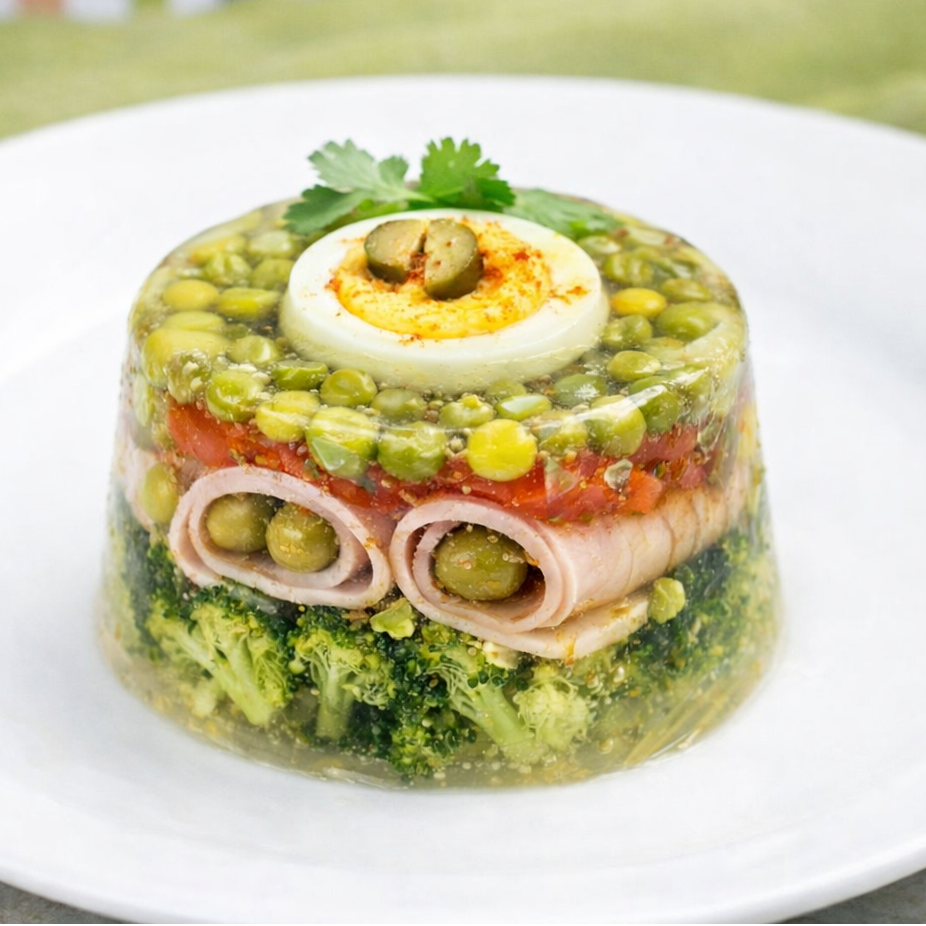 Salad in a glass with boiled eggs, ham, peas, and vegetables on a white plate.