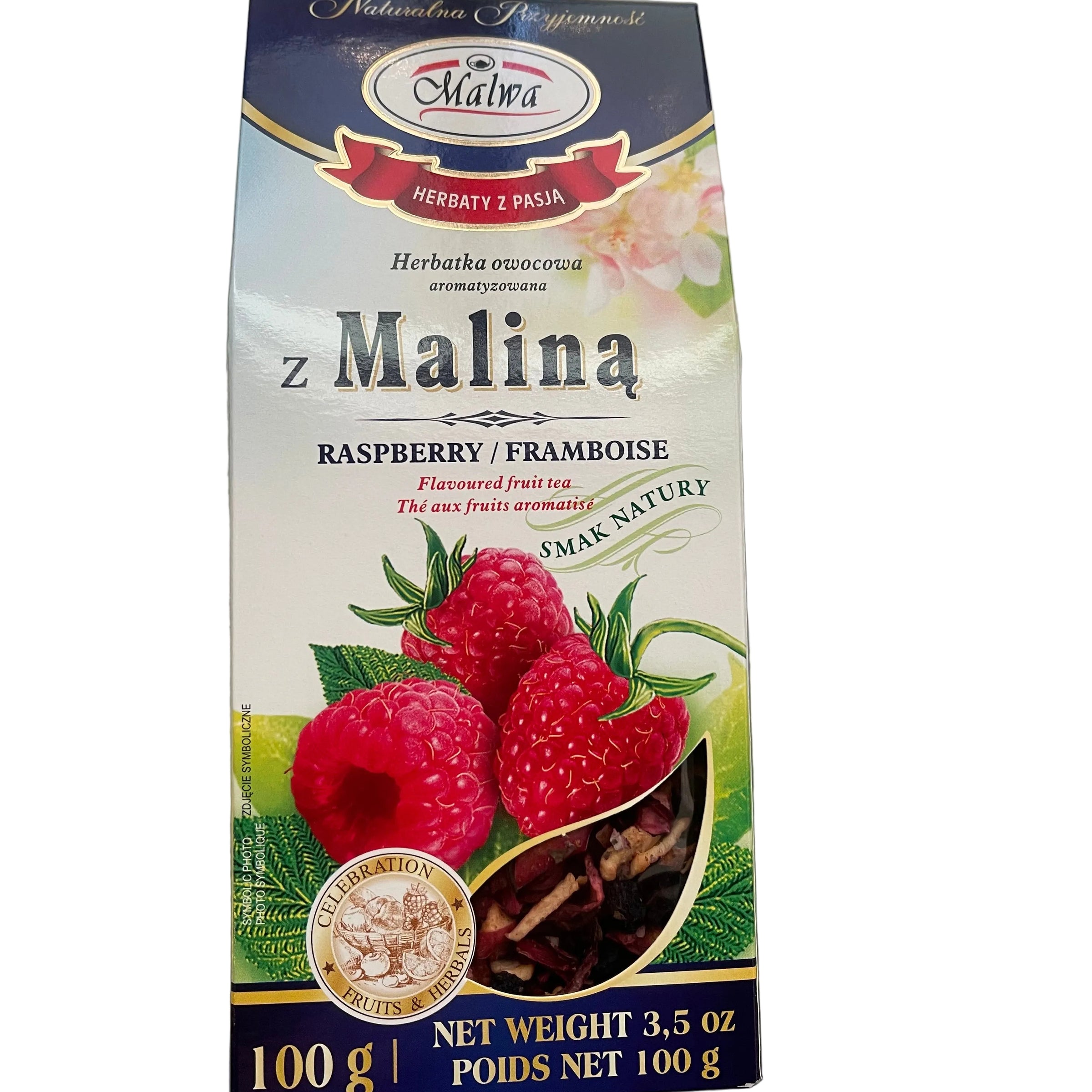 Z Malina raspberry framboise herbal tea box on a metallic surface