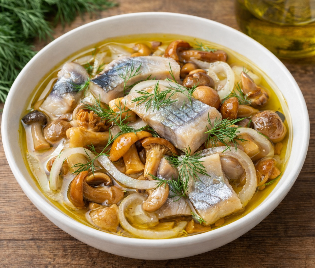 Bowl of fish stew with mushrooms and onions on a wooden table