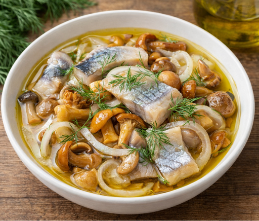Bowl of fish stew with mushrooms and onions on a wooden table