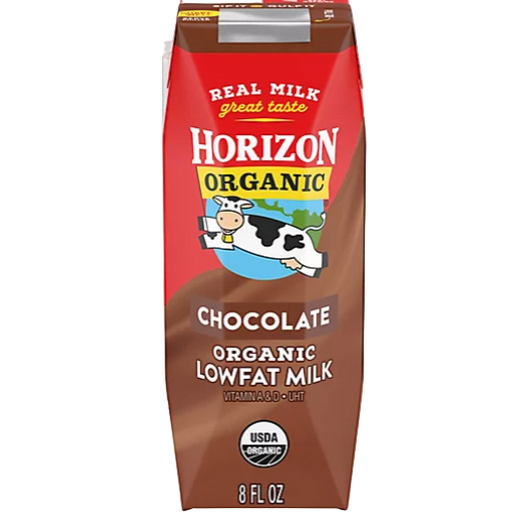 Horizon Organic chocolate lowfat milk carton on a white background