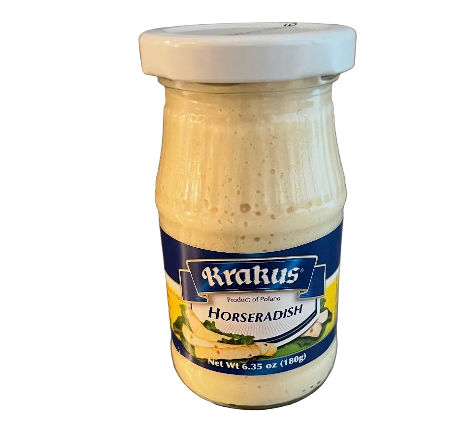 Jar of Krakus horseradish on a metallic surface