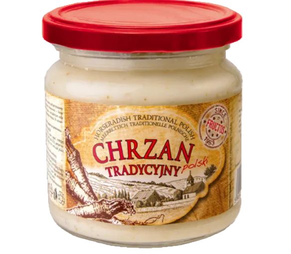 Jar of Chrzan Tradycyjny with a red lid on a transparent background