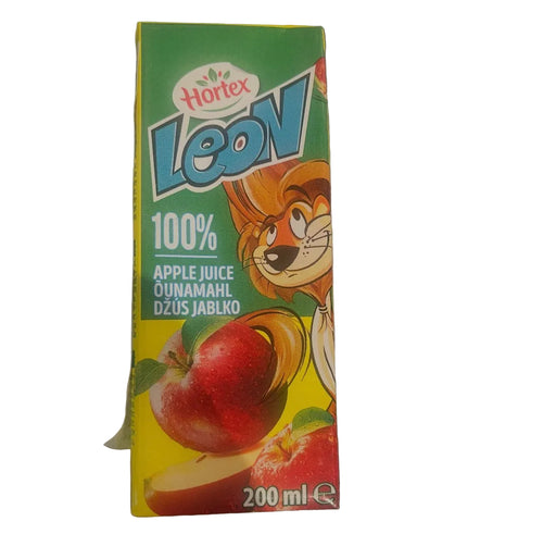 A 200 ml carton of Hortex Lev apple juice on a brushed metal surface. The packaging features a green top half with the blue Hortex Lev logo, a yellow bottom half with illustrations of red apples and a cartoon lion, and text reading '100% APPLE JUICE OUNAMAHI DZUS JABLKO'.