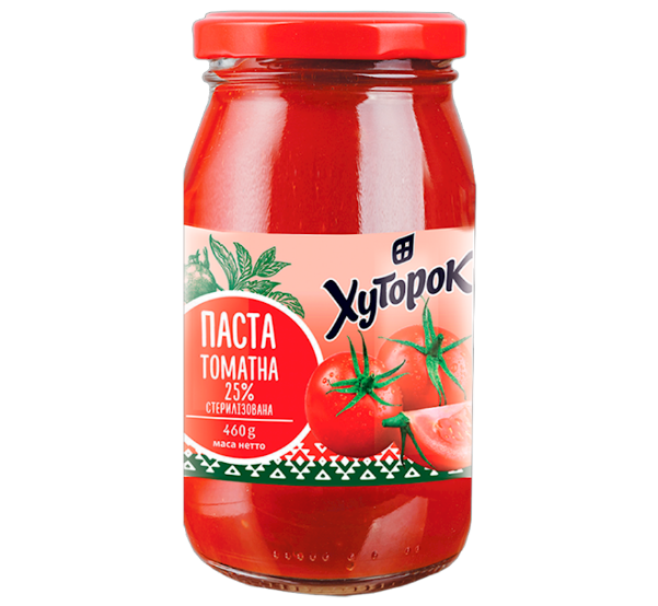Jar of tomato paste with a red lid on a white background