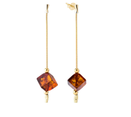 Hanging gold plated 925 silver Cubic Earrings with cognac Baltic amber