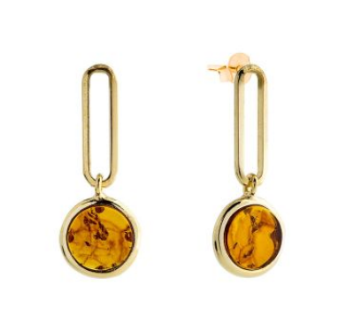 Hanging gold plated 925 silver earrings with beautiful cognac Baltic amber