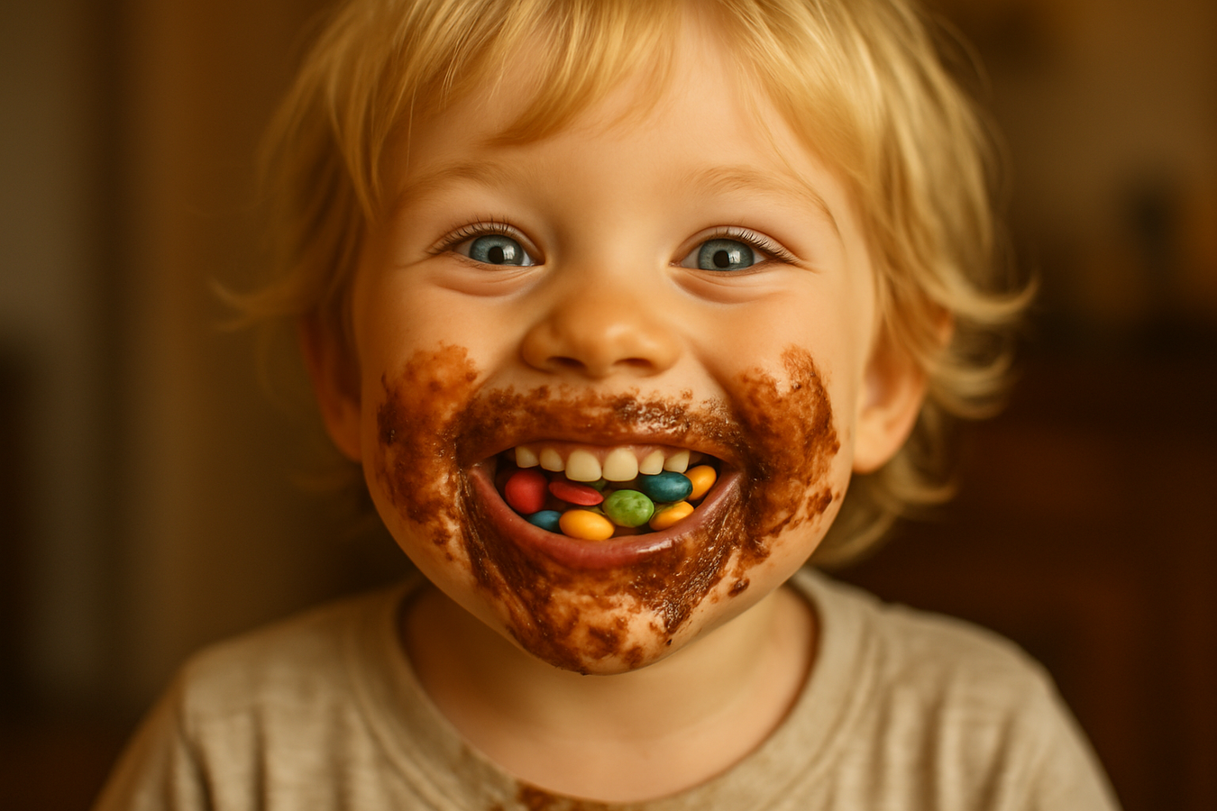 kid with full mouth of candy and chocolad all over his face 