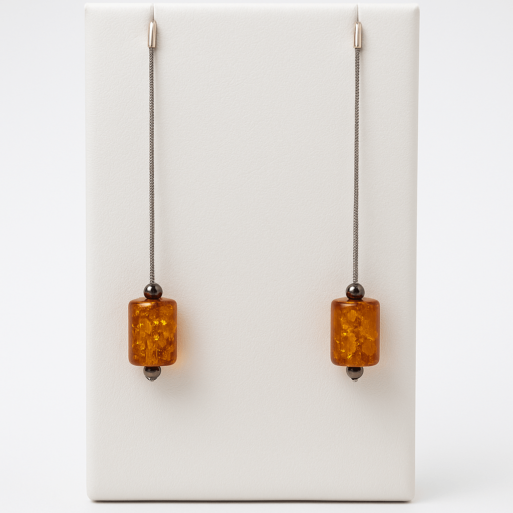 Cognac Baltic Amber Threader Earrings – Long Sterling Silver Cylinder Drops for Women