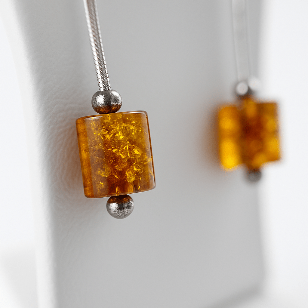 Cognac Baltic Amber Threader Earrings – Long Sterling Silver Cylinder Drops for Women
