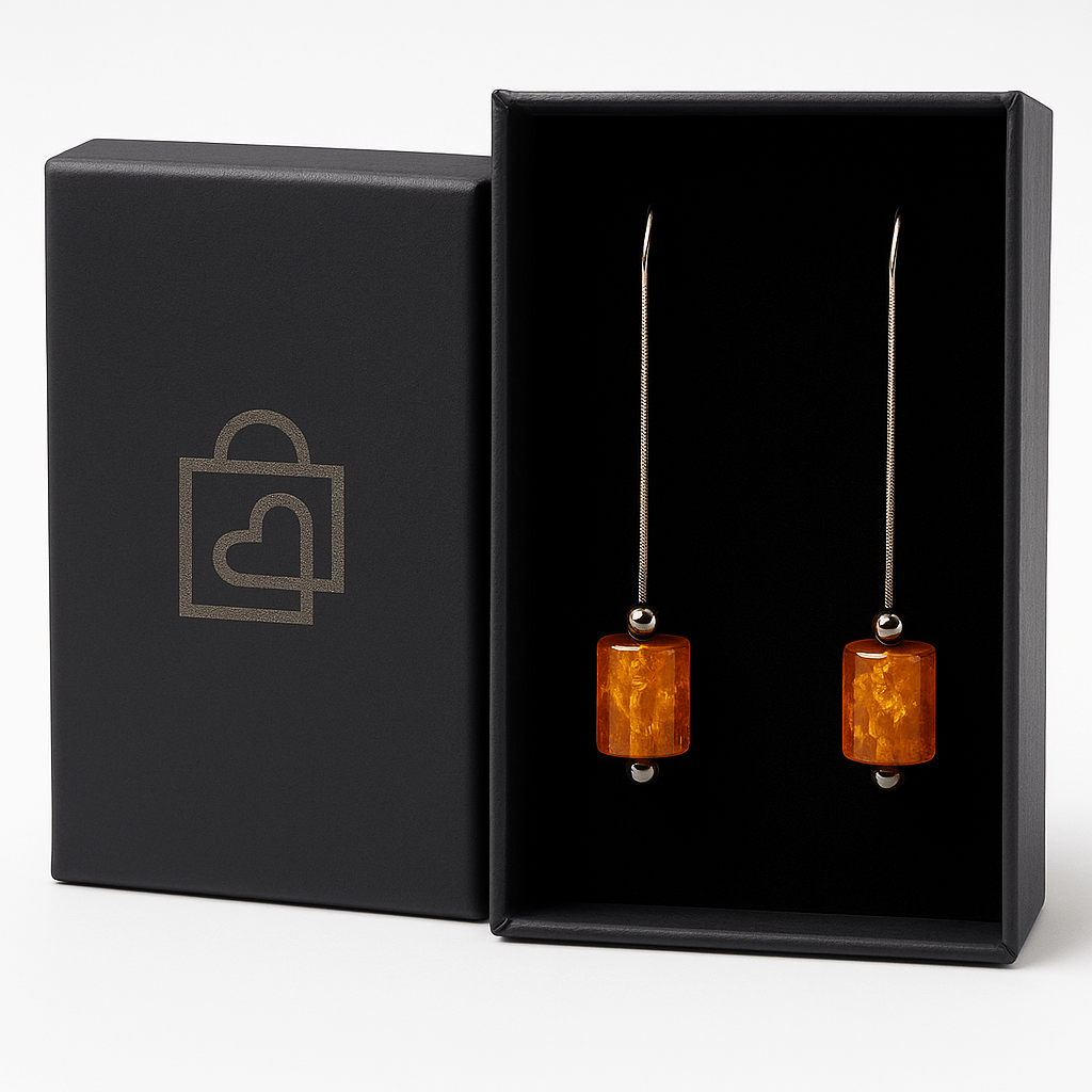 Cognac Baltic Amber Threader Earrings – Long Sterling Silver Cylinder Drops for Women
