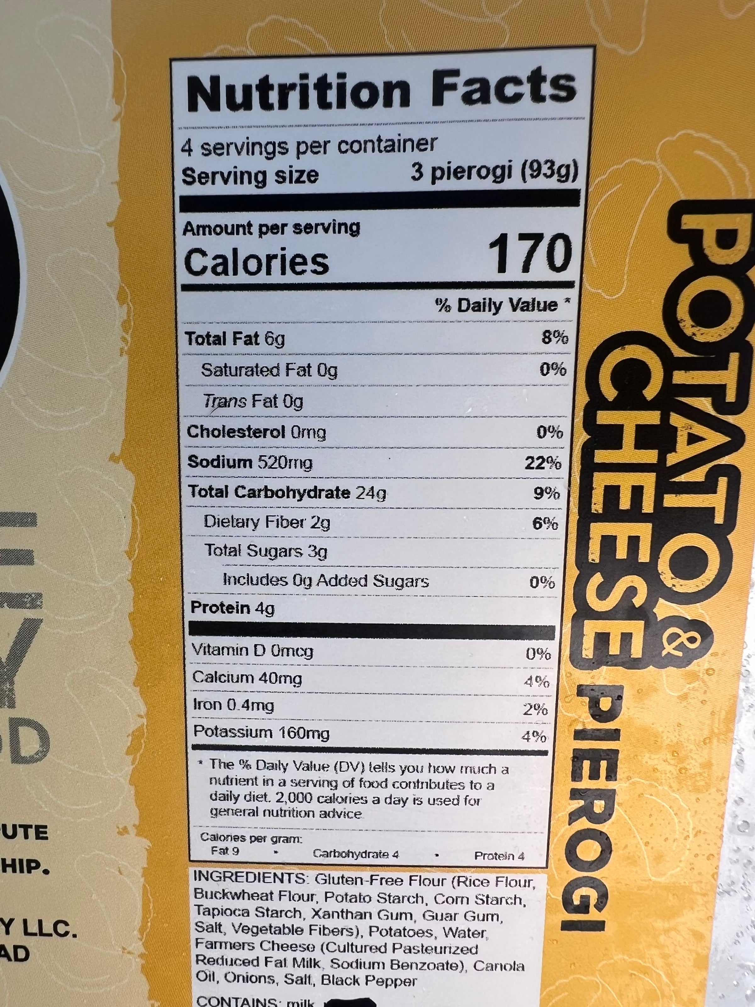 Ingredients and nutrition facts label for potato and cheese pierogi.