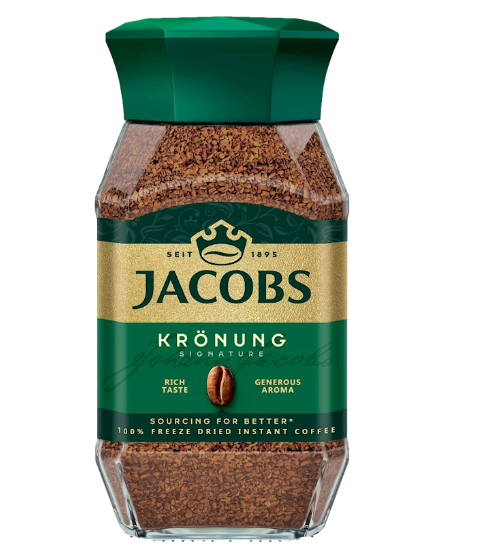 Jar of Jacobs Kronung instant coffee on a white background