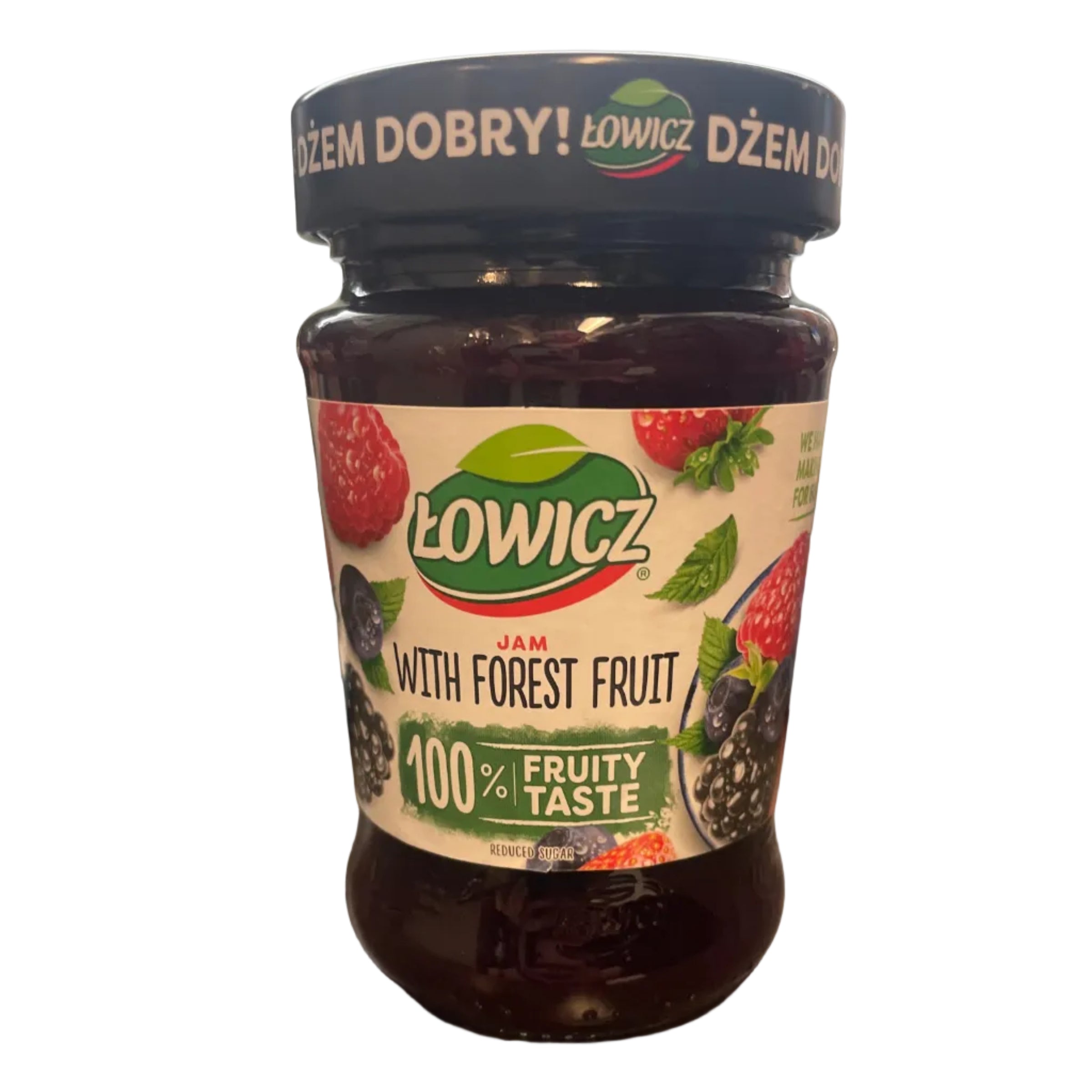 Jar of Lowicz fruit spread on a wooden surface